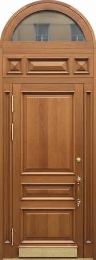 Утепленная термодверь с арочной остекленной вставкой, отбойником и отделкой массивом