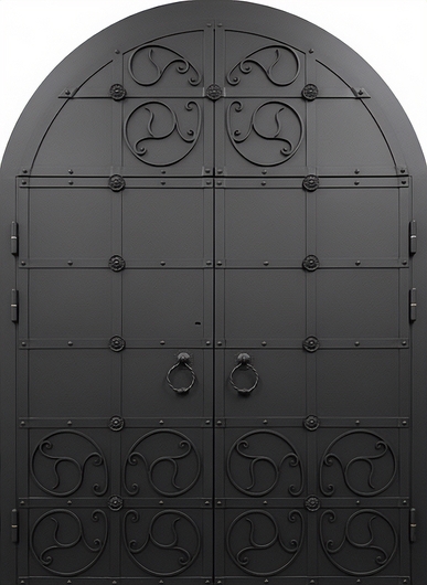 Арочная двустворчатая термодверь с коваными элементами и черным полимерным напылением